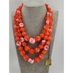 Vintage Coro Multi Strand Orange Pink Bead Necklace NOS Germany Hook